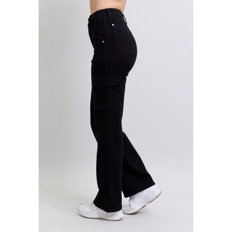 JUDY BLUE HI WAIST BLACK CARGO WIDE LEG JEANS