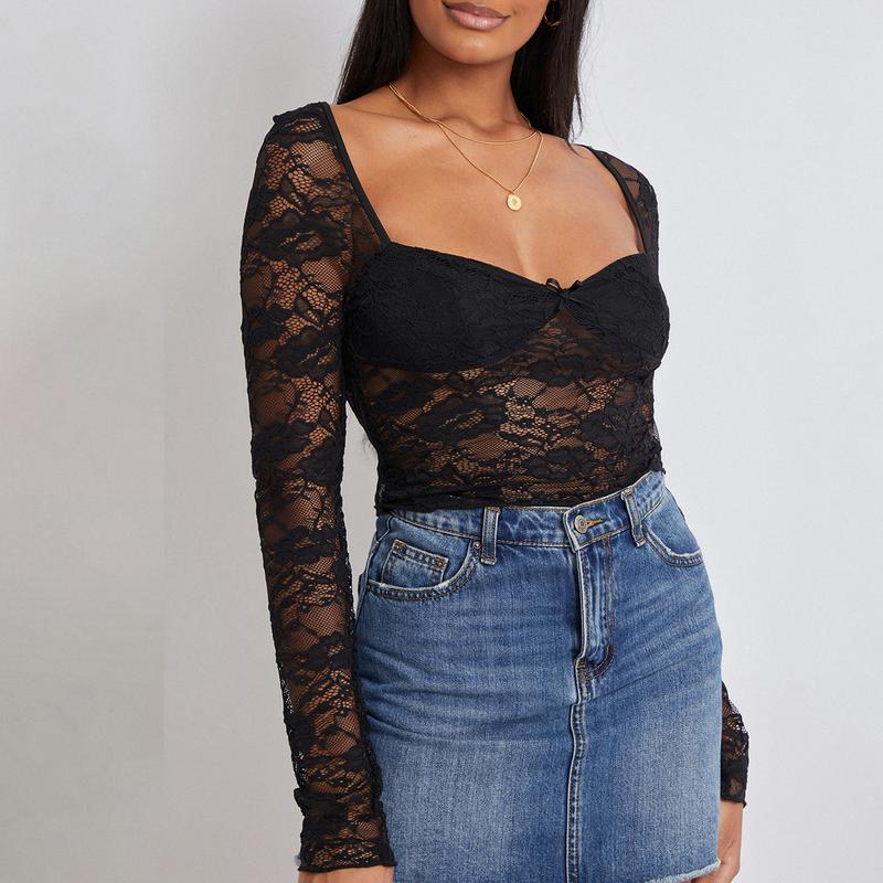 Women Lace Long Sleeve Shirt Top Y2K Slim Fit Crop Top Sexy Lace Low Cut Top Tee Club Streetwear