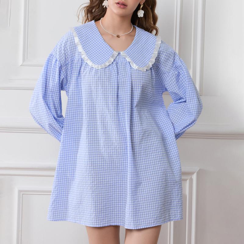 Women Y2K Vintage Plaid Babydoll Dress Long Puff Sleeve Doll Collar Sweet Plaid Dress Gingham Pajamas Dress Loungewear Sleepwear