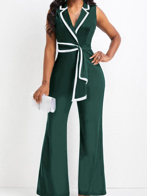 Women's Contrast Binding Sleeveless Jumpsuit, Summer Clothes Women, Lady Elegant Comfort Belted Wrap Overalls, Lady Clothes for Business Office, Womenswear One-Piece Outfits, Minimalist Basic Business Summer Outfits 2024