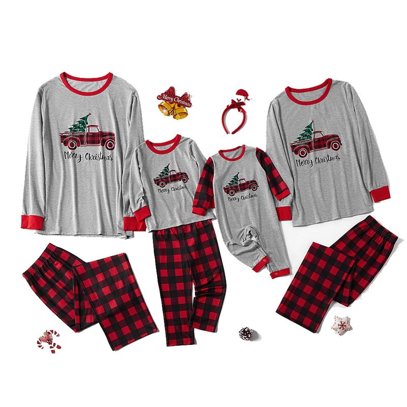 Family Matching Christmas Pajamas Sets, Cartoon Car Tree Letter Plaid Printed Papa Mama Kid Tops Pant Jumpsuit Sleepwear Cotton Womenswear