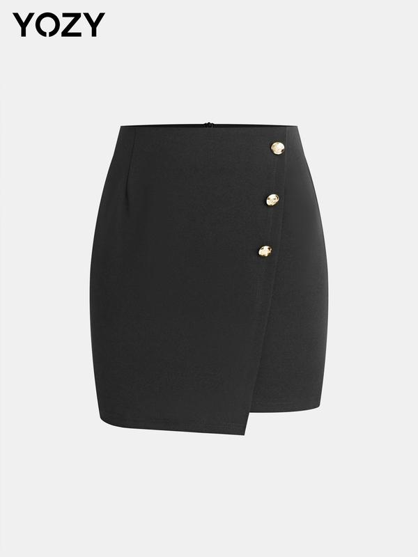 YOZY Women's Plain Button Decor Wrap Pencil Skirt, Elegant Fashion Short Skirt for Work Office Business, Ladies Bottoms for All Seasons