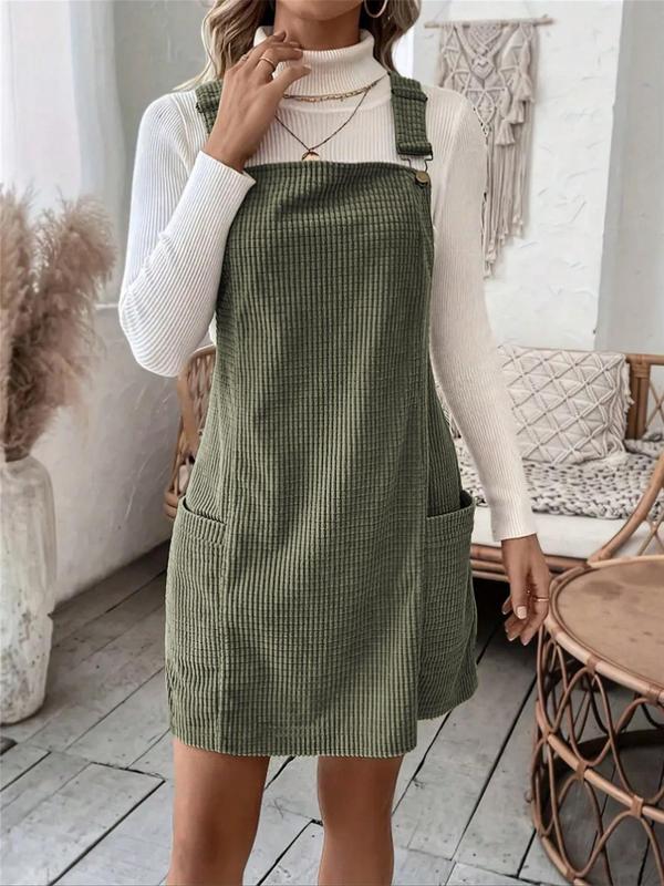 Women's Solid Color Adjustable Strap Pinafore Dress, Casual Pocket Overall Dress for Daily Wear, Ladies Clothes for All Seasons