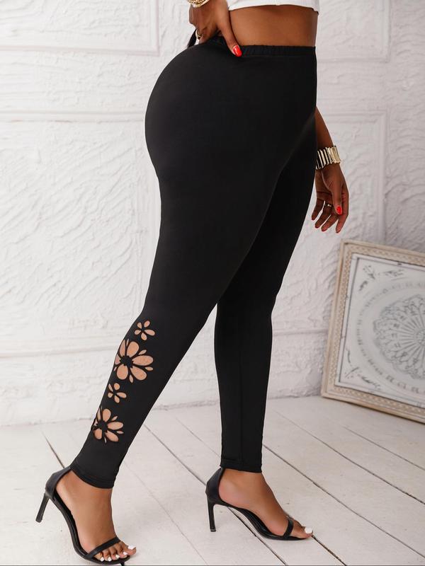 Plus Size Floral Hollow Out High Waist Leggings, Casual Comfy Breathable Skinny Pants for Daily Wear, Women's Bottoms for Spring & Fall