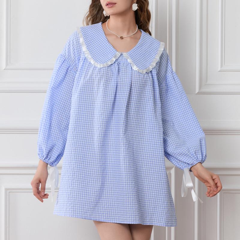 Women Y2K Vintage Plaid Babydoll Dress Long Puff Sleeve Doll Collar Sweet Plaid Dress Gingham Pajamas Dress Loungewear Sleepwear