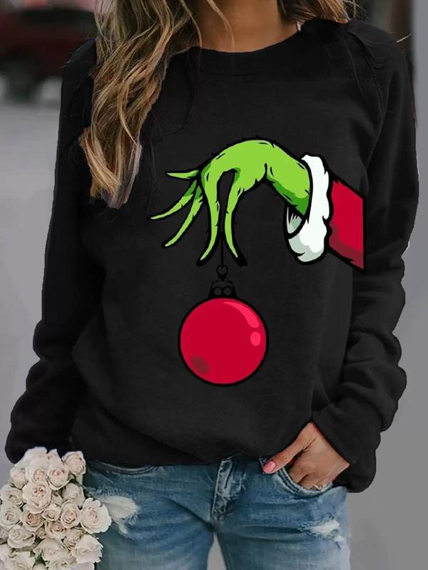 Women's Cartoon Christmas & Letter Print Drop Shoulder Sweatshirt,Casual Long Sleeve Round Neck Pullover for Daily Wear, Ladies Clothes for All Seasons