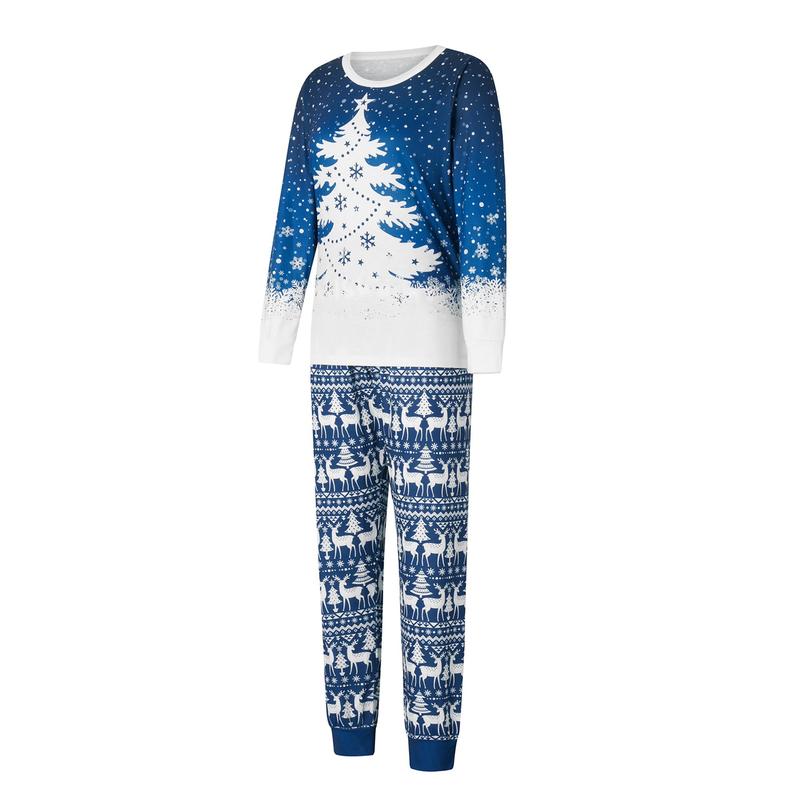 Blue Christmas Pajamas for Family Snowflake Tree Print Long Sleeve Crew Neck Tops + Pants Set Sleepwear