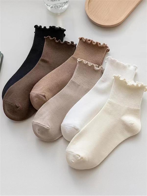 Women's 6 Pairs Lettuce Trim Crew Socks, Casual Solid Moisture Wicking Mid-Calf Socks, Soft Comfy Breathable Socks For Spring & Fall Daily Wear