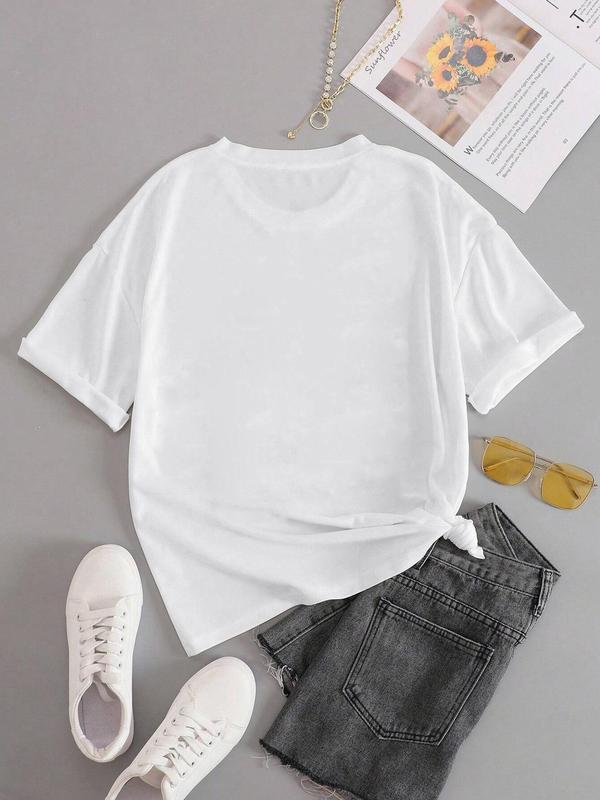 Women's Letter & Gesture Print Round Neck Tee, Street Fashion Casual Short Sleeve T-Shirt for Daily Holiday Vacation Outdoor Wear, Ladies Clothes for Summer