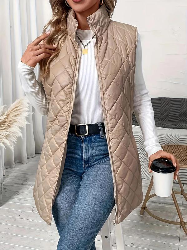 Women's Solid Zip Up Padded Vest Jacket, Casual Pocket High Neck Sleeveless Outerwear for Fall & Winter, Women's Clothing for Daily Wear