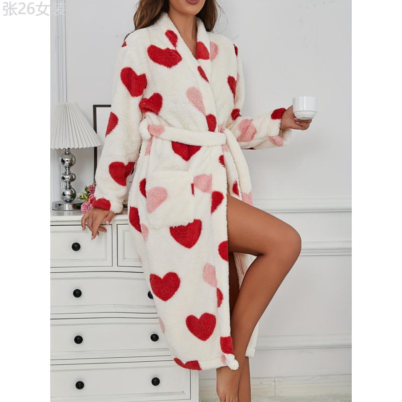 Cozy Heart Print Fleece Robe for Women - Thick, Warm V-Neck Lounge Dress with Belt, Perfect for Fall Winter Collar Fabric