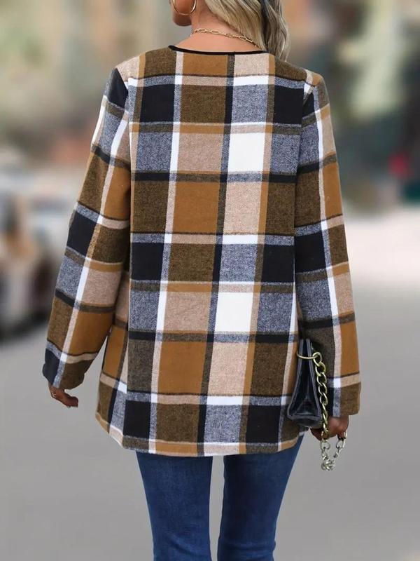 Plus Size Plaid Print Long Sleeve Open Front Jacket, Casual Outerwear for Fall & Winter, Women's Clothes for Daily Wear