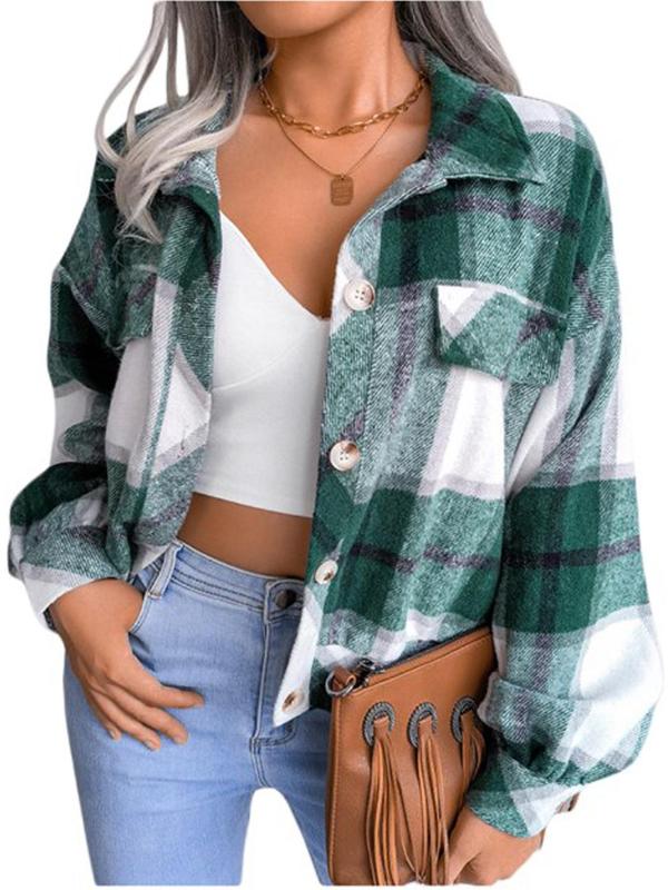 Women's Plaid Print Button Front Drop Shoulder Shirt, Casual Long Sleeve Collared Top for Fall & Winter, Women's Clothes for Daily Wear