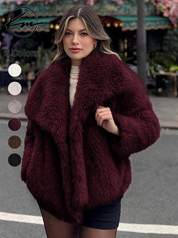 Women's Elegant Solid Color Wide Lapel Snap Closure Fuzzy Thermal Outerwear