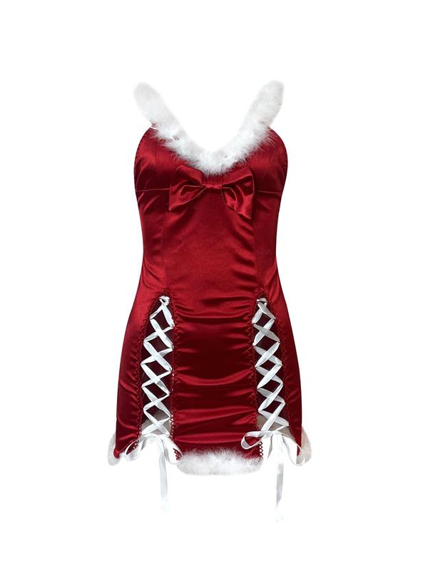 Women's Sexy Santa Claus Costume Set, Cute Bow Decor Lace Up Backless Cami Dress & Headband & Gloves, Women's Lingerie & Underwear for Party Holiday