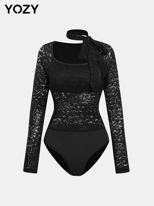 YOZY Women's Floral Lace Sheer Button Closure Crotch Bodysuit with Knot Neck Band, Elegant Long Sleeve Scoop Neck Bodysuit for Spring & Fall, Ladies Clothes for Daily Wear