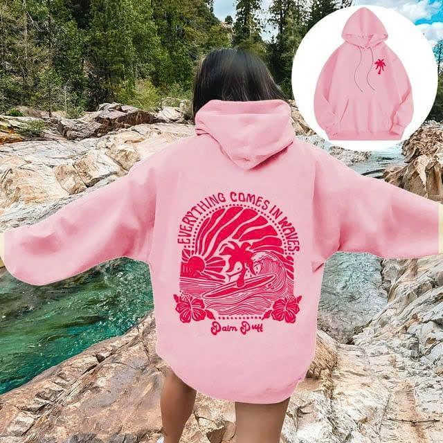 Pink Palm Puff Hoodie, Sweatshirt, Everything Comes In Waves Sweatshirt, Winter Hoodie, Top Trending, Perfect Gift for Women Comfort Cotton