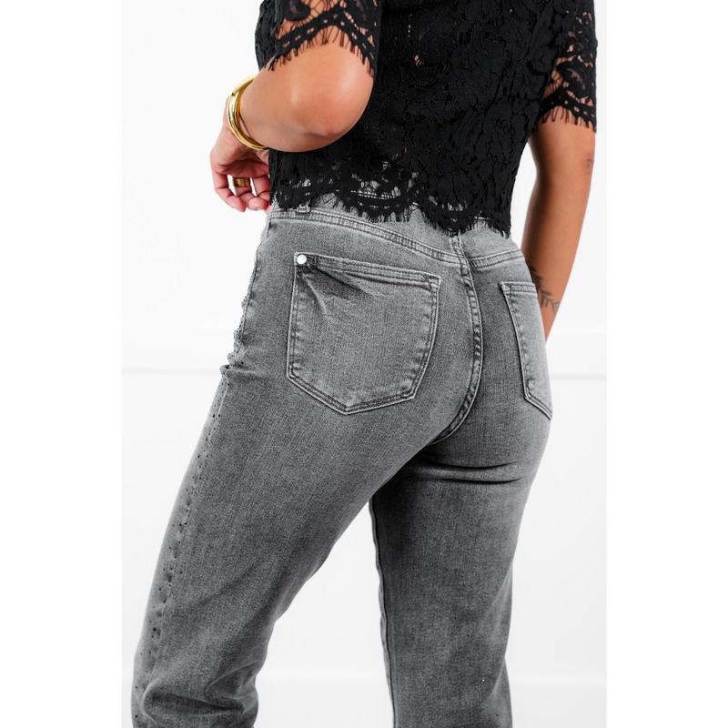 Judy Blue High Rise Grey Rhinestone Straight Leg Jeans