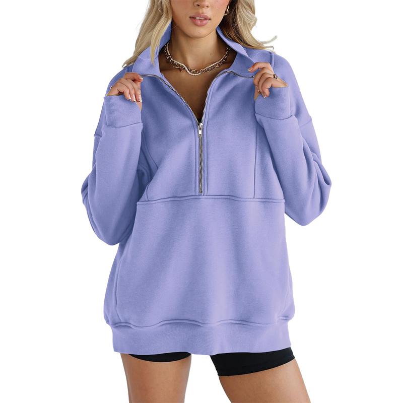 Tankaneo Women's Half Zip Sweatshirts Fleece Stand Collar Long Sleeve Thumb Hole Oversized Pullovers with Pockets