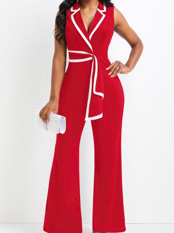 Women's Contrast Binding Sleeveless Jumpsuit, Summer Clothes Women, Lady Elegant Comfort Belted Wrap Overalls, Lady Clothes for Business Office, Womenswear One-Piece Outfits, Minimalist Basic Business Summer Outfits 2024