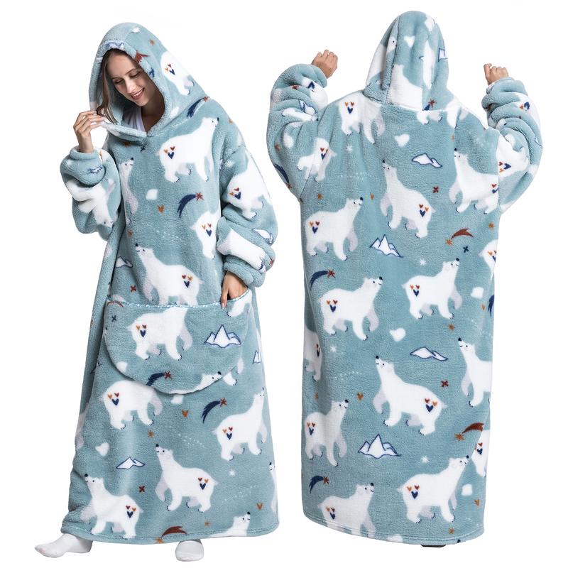 Summer Air-conditioned Room Comfortable Hoodie Nightgown with Big Pocket, Back to School SuppliesCute Alpaca & Penguin Print Hoodie Blanket Oversized Wearable loungewear