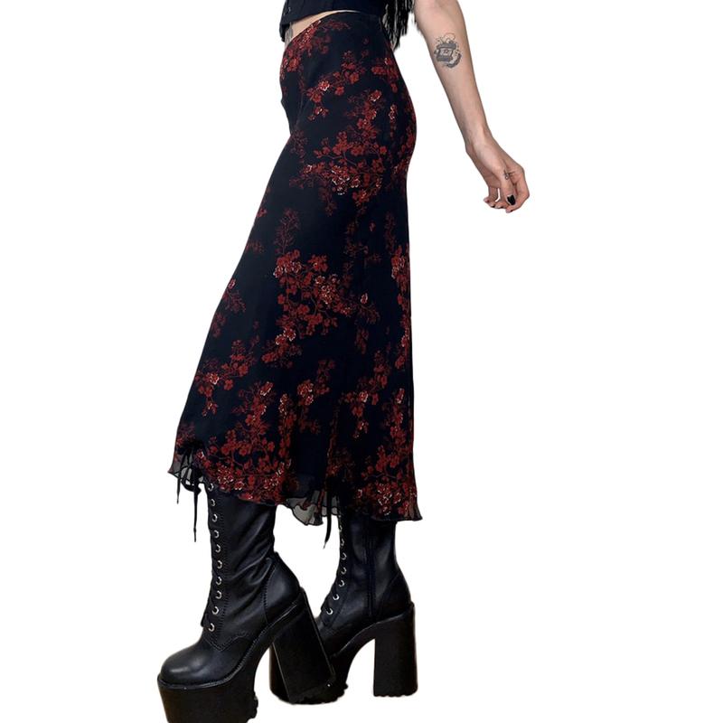 Women 's High Waist Midi Skirt E-Girls 90s Vintage Boho A-Line Bodycon Long Skirt Grunge Fairycore Streetwear