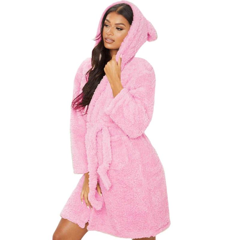 Women Bathrobe Nightgown Thick Warm Robe Pink Cute Adults Animal Flannel Bath Robe Sleepwear Winter Unisex Plush Pajamas