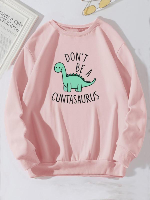 Dinosaur Print Long Sleeve Sweatshirt for Women, Casual Comfort Crewneck Sweatshirt for Lady, 