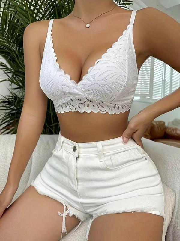 Women's Contrast Lace Scallop Trim Wireless Bra, Plain Adjustable Strap Lingerie Top for Daily Wear, Fashion Comfy Women's Underwear for All Seasons