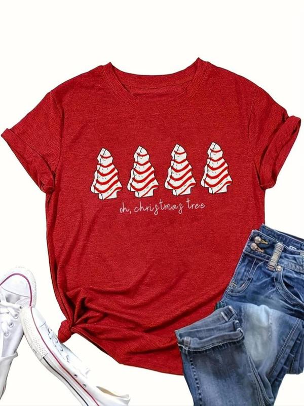  Christmas Tree Print Round Neck Tee, Casual Short Sleeve Crew Neck T-shirt for Daily Wear, Women Clothing for All Seasons