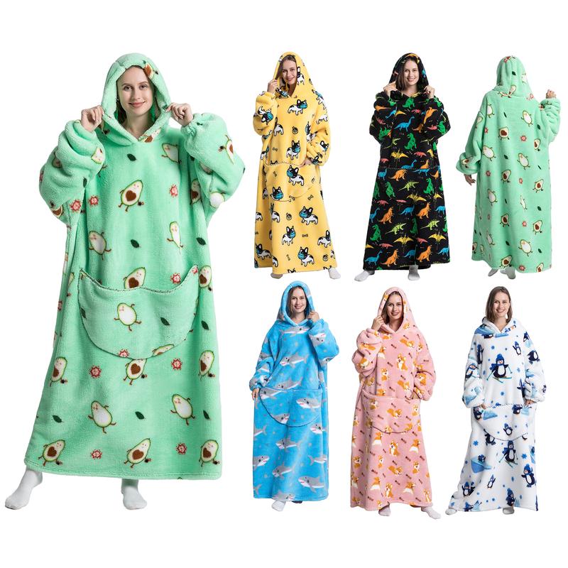 Summer Air-conditioned Room Comfortable Hoodie Nightgown with Big Pocket, Back to School SuppliesCute Alpaca & Penguin Print Hoodie Blanket Oversized Wearable loungewear