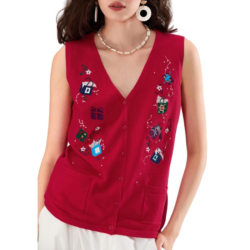 Women Christmas Knit Vest Holiday Graphic Button Sweater Vest Embroidery Santa Print Sleeveless Cardigan Knit V Neck Vest Top Xmas Clothes