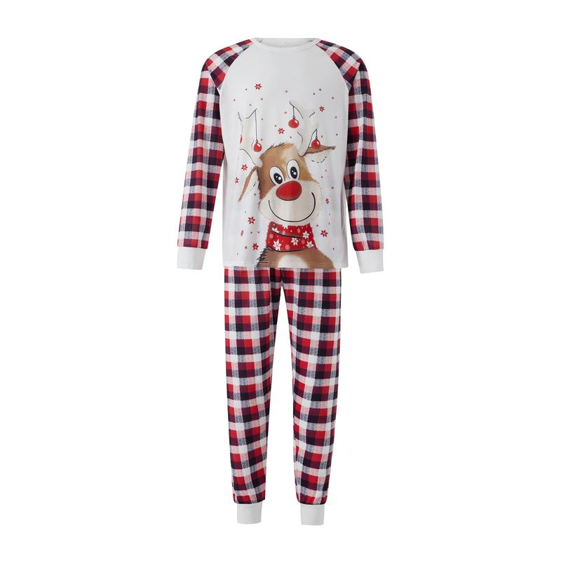 Matching Christmas Pajamas For Family ,Cartoon Elk Plaid Print Holiday Pajamas