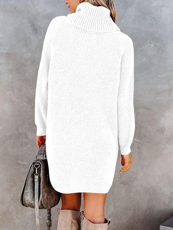 Women's Solid High Neck Raglan Sleeve Sweater Dress, Casual Long Sleeve Knitwear for Fall & Winter, Women's Knit Clothing for Daily Wear