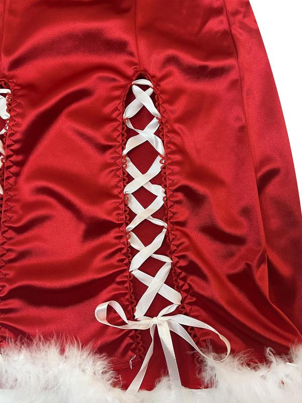 Women's Sexy Santa Claus Costume Set, Cute Bow Decor Lace Up Backless Cami Dress & Headband & Gloves, Women's Lingerie & Underwear for Party Holiday