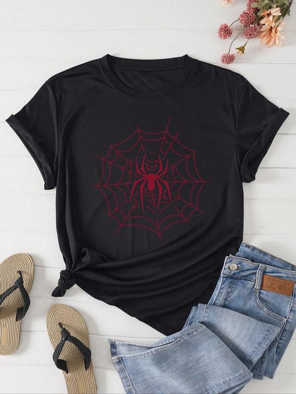 Women's Spider Web Print Round Neck Tee, Casual Short Sleeve Crew Neck T-shirt for Summer, T Shirts for Women, Fashion Women's Top for Daily Wear, Graphic Tees, Tops for Women Birthday Gifts