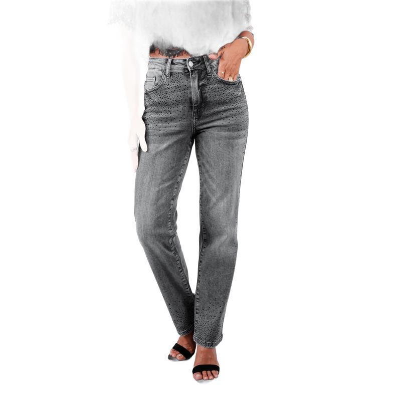 Judy Blue High Rise Grey Rhinestone Straight Leg Jeans