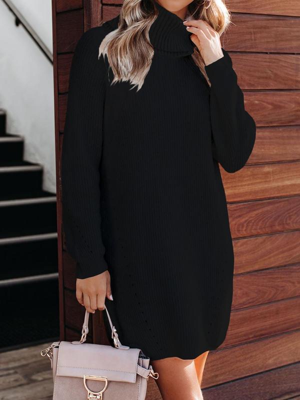 Women's Solid High Neck Raglan Sleeve Sweater Dress, Casual Long Sleeve Knitwear for Fall & Winter, Women's Knit Clothing for Daily Wear