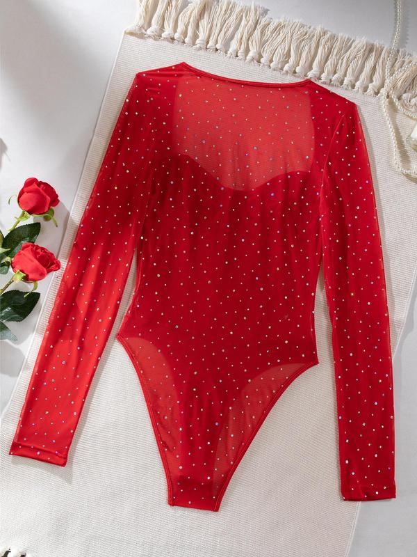 Women's Contrast Mesh Sheer Glitter Sequins Shapewear Bodysuit, Elegant Sweetheart Neck Long Sleeve Open Crotch Bodysuit, Lady's Shapewear