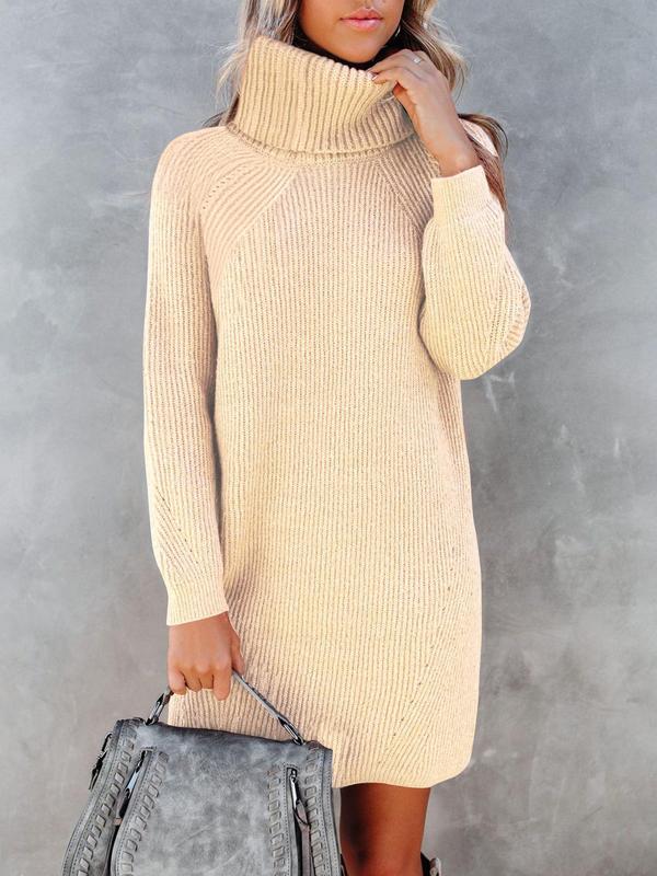 Women's Solid High Neck Raglan Sleeve Sweater Dress, Casual Long Sleeve Knitwear for Fall & Winter, Women's Knit Clothing for Daily Wear