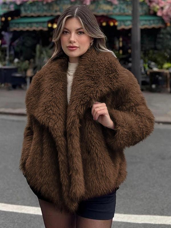 Women's Elegant Solid Color Wide Lapel Snap Closure Fuzzy Thermal Outerwear