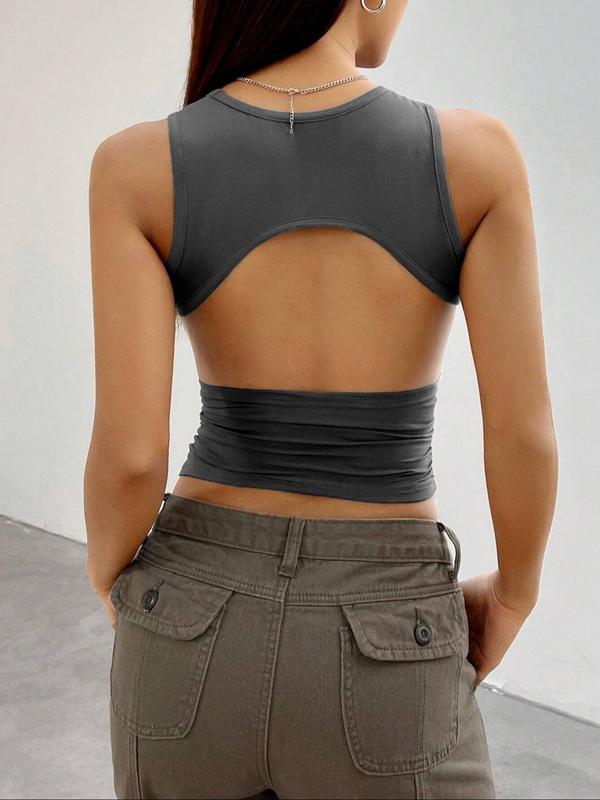 Women's Solid Ruched Backless Crop Tank Top, Casual Sleeveless Round Neck Top for Summer, Back To School Outfits, Ladies Clothes for Daily Wear