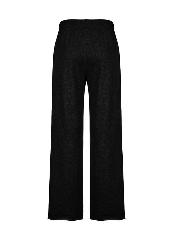 Women's Plain Raw Hem Drawstring Waist Wide Leg Sweatpants, Casual Elastic Waist Pocket Trousers for Daily Wear, Ladies Bottoms for All Seasons, Downtown Girl Clothes