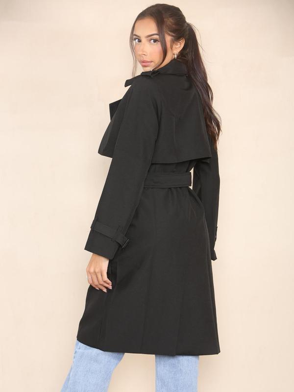 Women's Solid Double Button Belted Trench Coats, Elegant Lapel Neck Long Sleeve Coat for Fall, Winter Wear Casual Wear , Women's Outerwear for Daily Wear