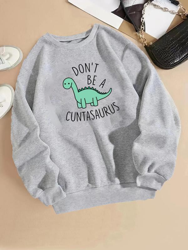 Dinosaur Print Long Sleeve Sweatshirt for Women, Casual Comfort Crewneck Sweatshirt for Lady, 