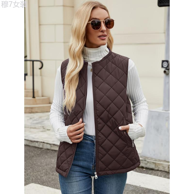 Plus Size Solid Zip Up Warm Vest Jacket, Casual Sleeveless Vest Jacket For Fall & Winter, Women's Plus Size Clothing Collar Womenswear