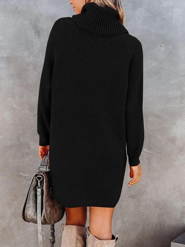 Women's Solid High Neck Raglan Sleeve Sweater Dress, Casual Long Sleeve Knitwear for Fall & Winter, Women's Knit Clothing for Daily Wear