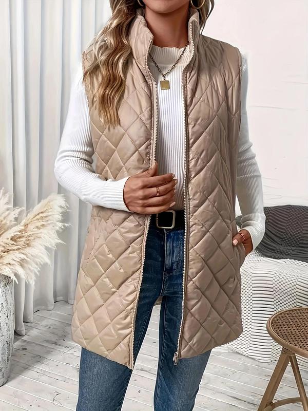 Women's Solid Zip Up Padded Vest Jacket, Casual Pocket High Neck Sleeveless Outerwear for Fall & Winter, Women's Clothing for Daily Wear