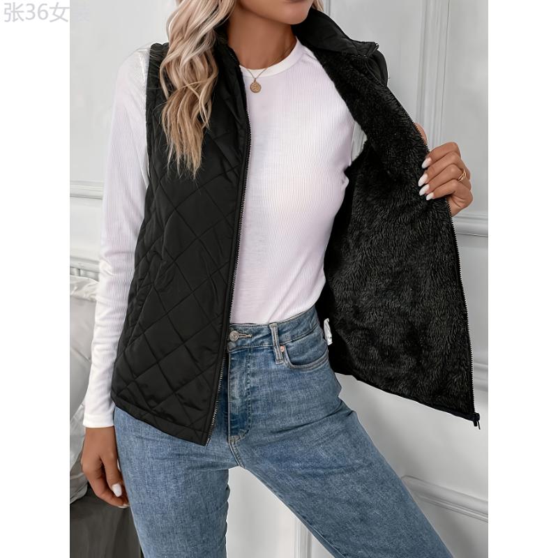 Quilted Solid Zipper Vest - Ultra-Warm, Versatile, Sleeveless Winter Outwear for Women - Perfect for Cold Weather, Outdoor Activities, and Daily Life Collar Fabric