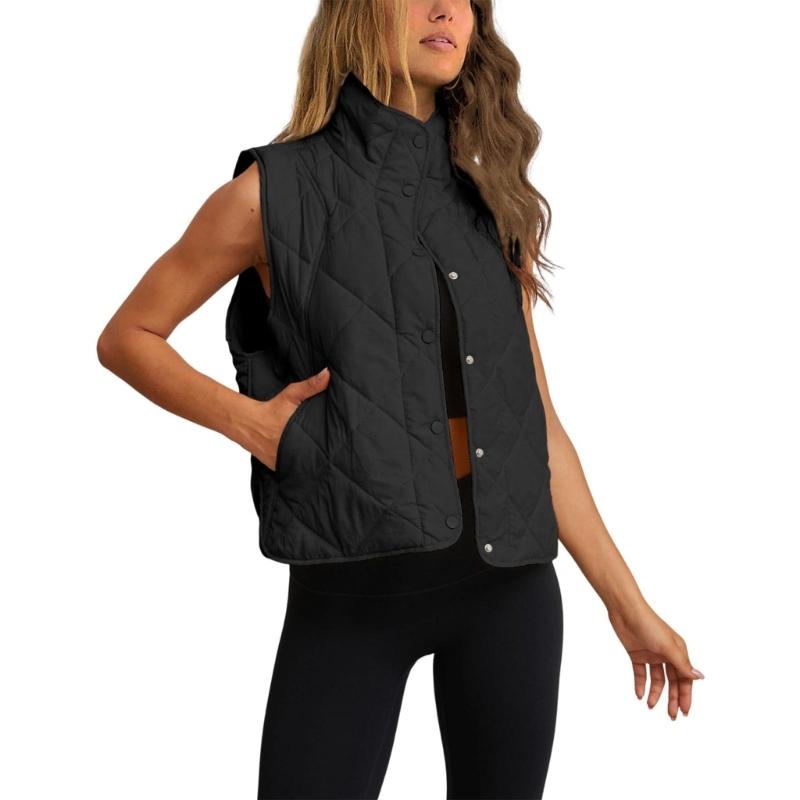 Womens Quilted Vest, Stand Collar Lightweight Button Padded Gilet,Autumn Winter Pocket Waistcoat Sleeveless Vest